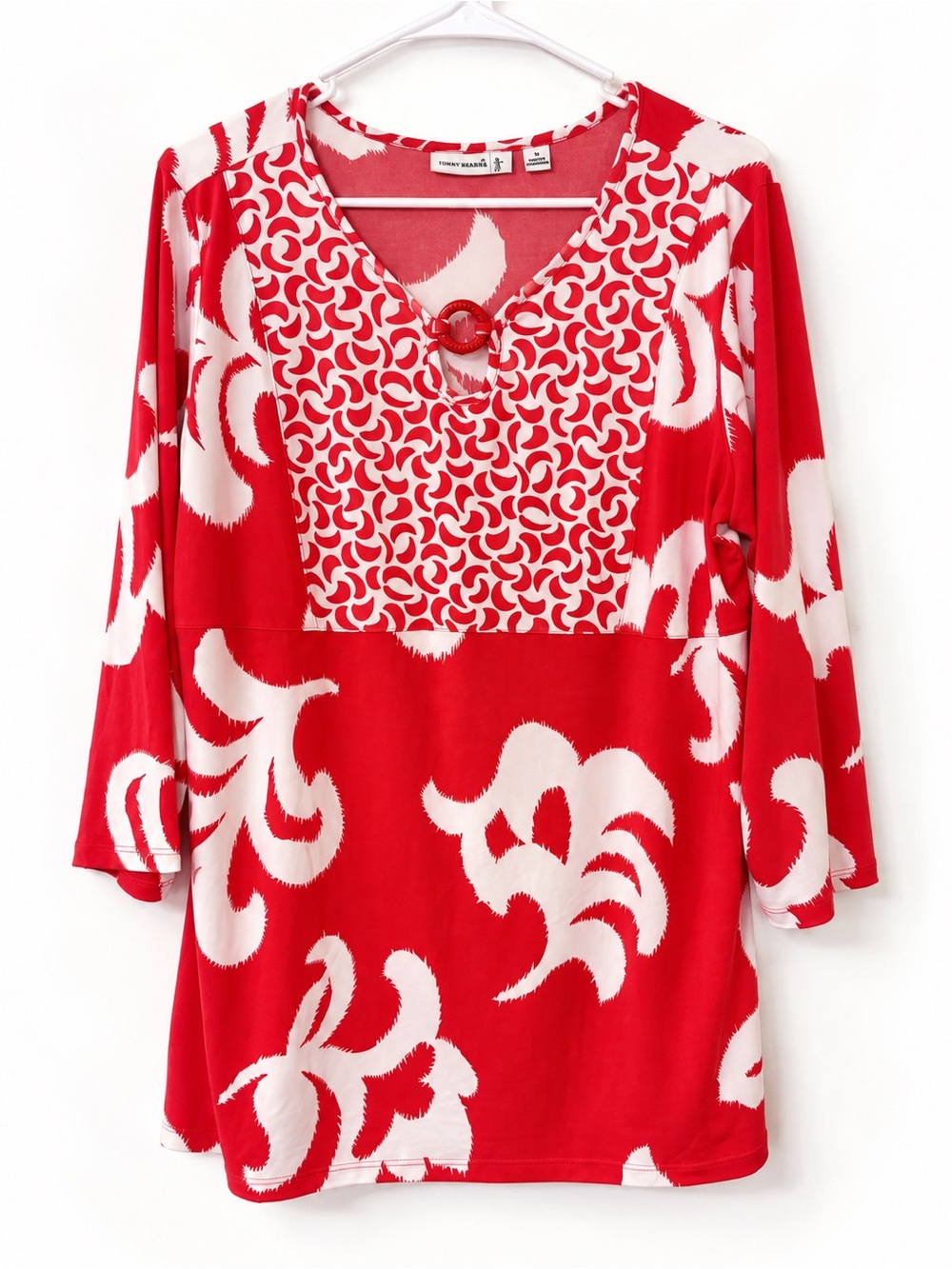Susan Graver Red and White V-Neck Tunic with Ring Detail